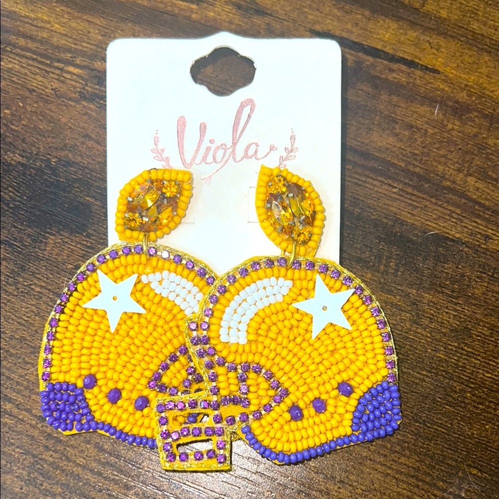 Viola Yellow & Purple Football Helmet Beaded Statement Earrings